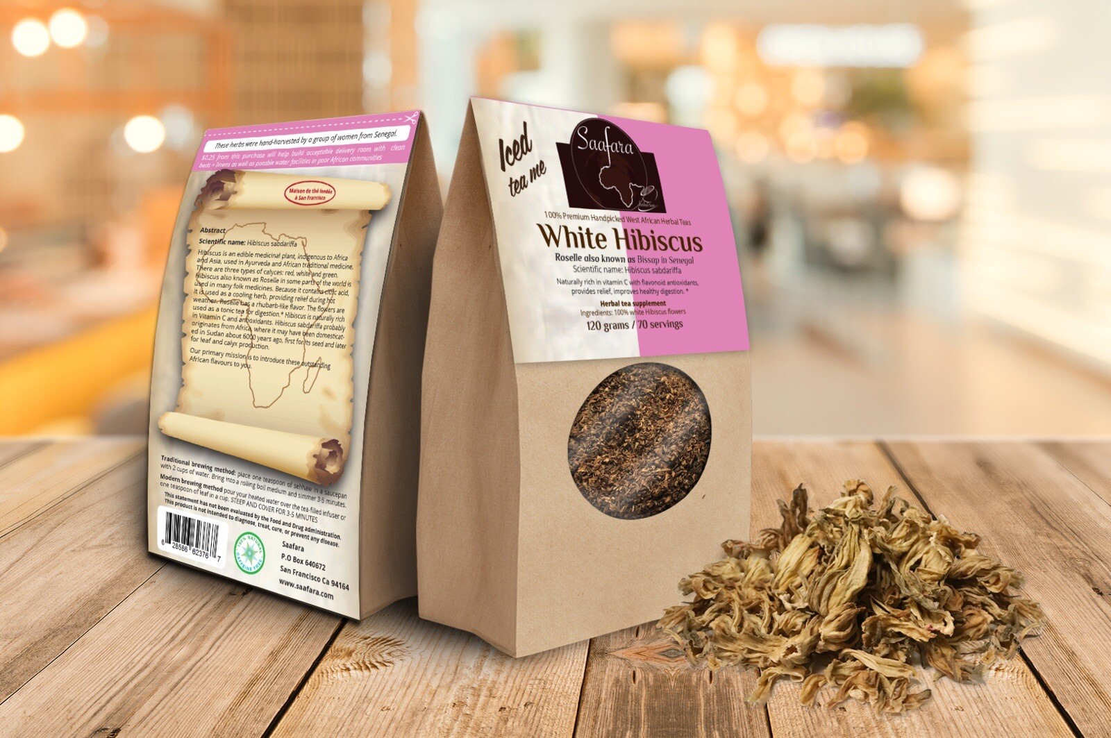Saafara Herbal Tea, White Hibiscus Tea Bissap Blanc 120 Grams/ 60 Servings