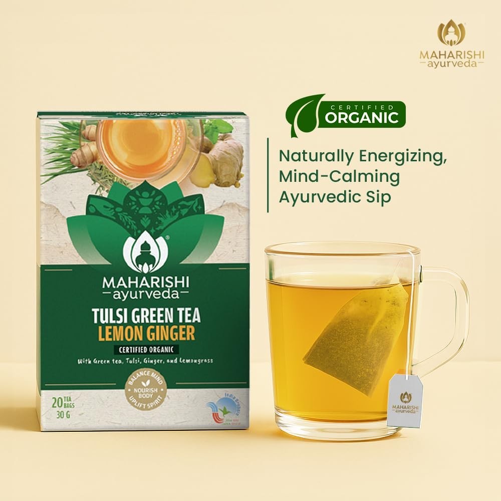 Maharishi Ayurveda All Natural Tulsi Green Lemon Ginger Herbal Tea, 20 Tea Bag