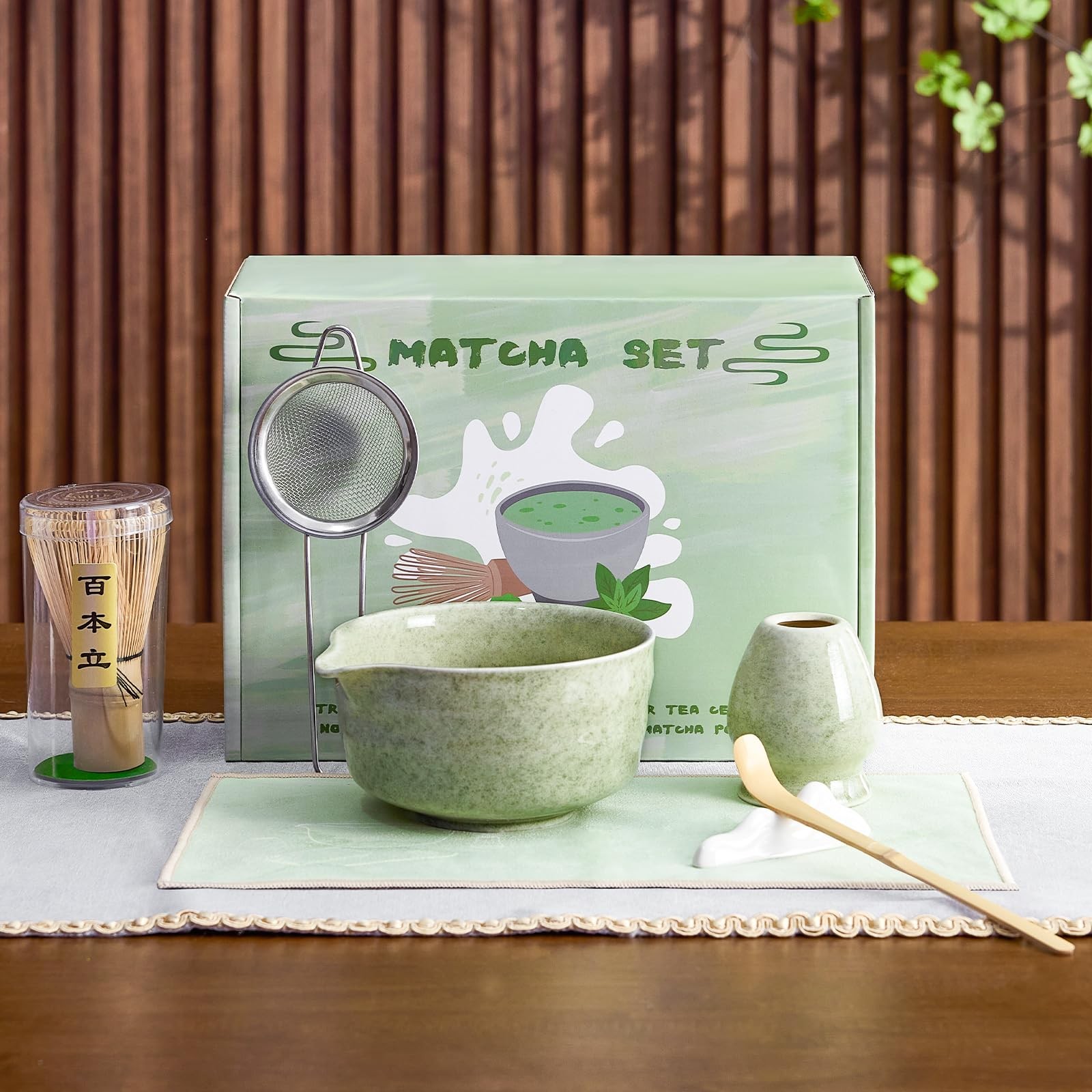 Matcha Whisk Set 7 Pcs – Bowl with Spout, Bamboo Whisk, Sifter, Scoop – Ideal