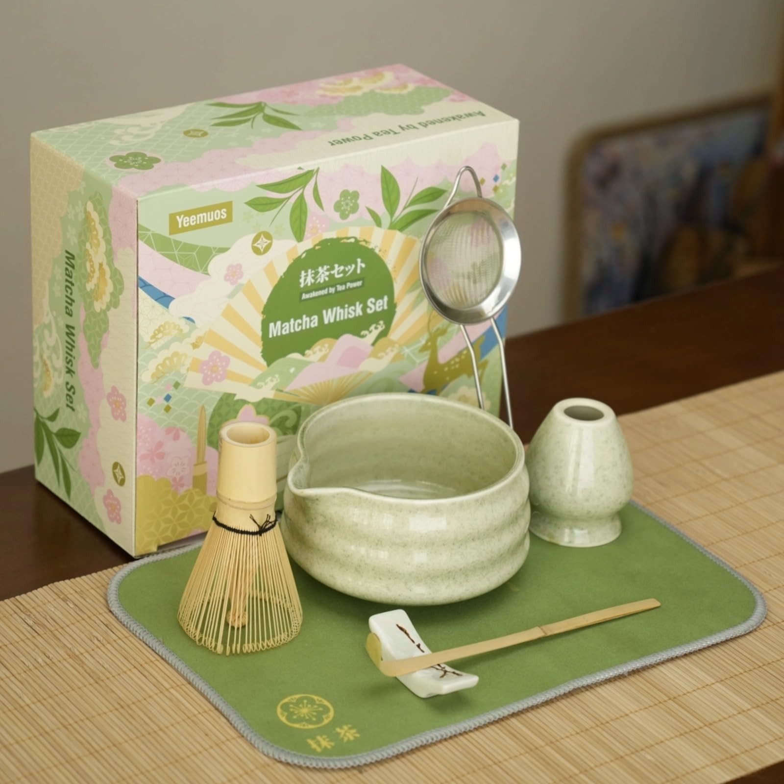 7 PCS Matcha Making Kit with Whisk Ceramic Bowl Sifter Scoop Holder Towel