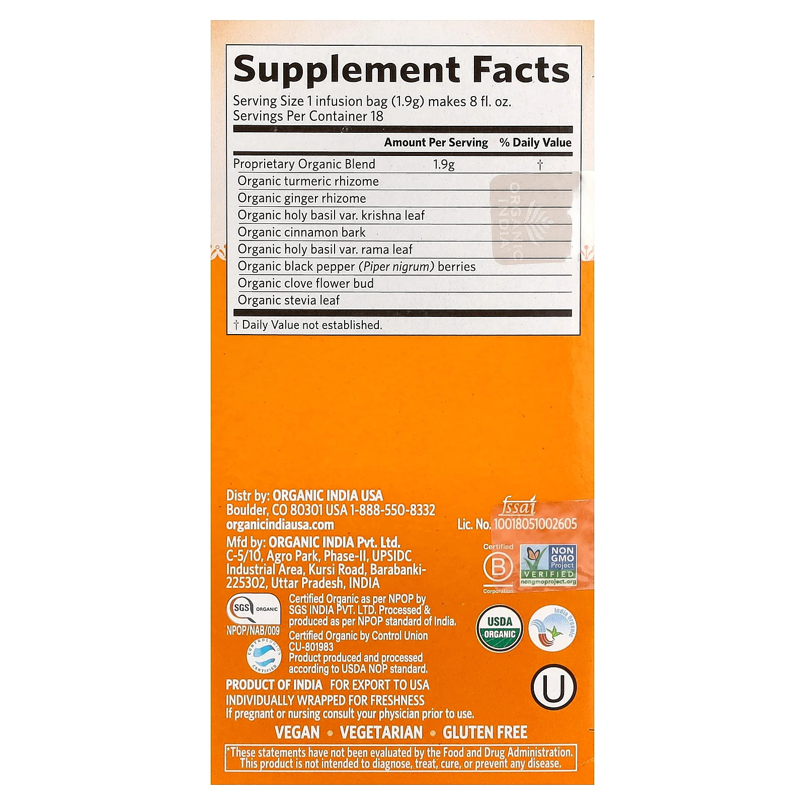 Tulsi Tea, Turmeric Ginger, Caffeine-Free, 18 Infusion Bags, 1.2 oz (34.2 g)
