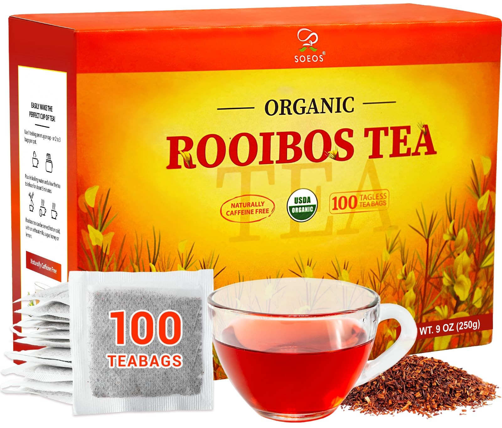 Soeos Organic Rooibos Tea, 100 Teabags, Naturally 100 Count (Pack of 1)