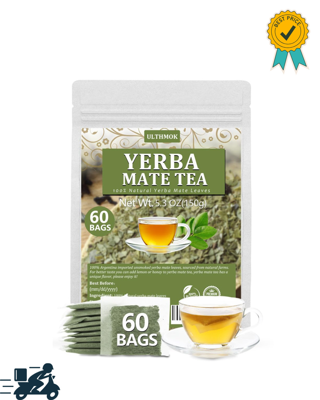Yerba Mate Tea (60 Premium Bags)-100% pure natural yerba tea leaves