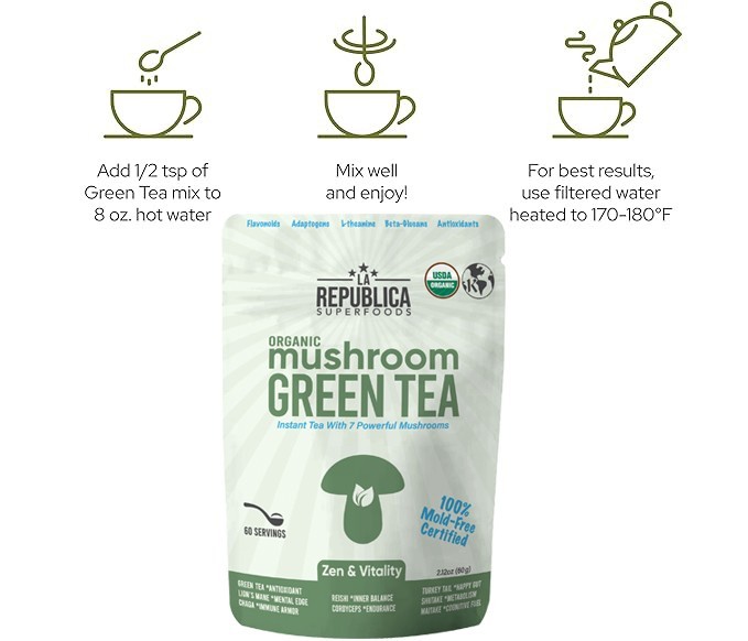 La Republica USDA Organic Mushroom GREEN TEA (Full-Fruiting Bodies) 70 Servings