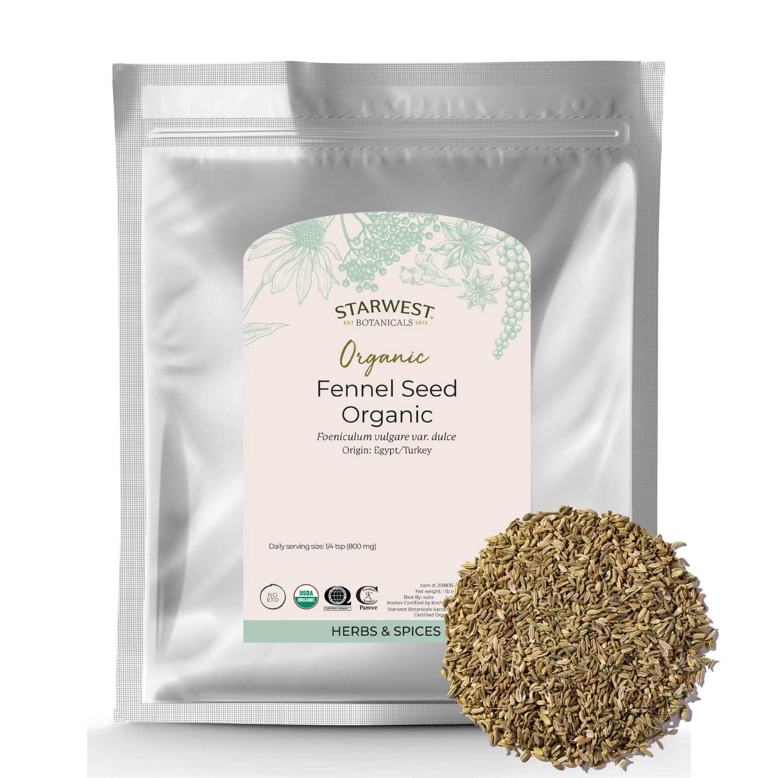 Starwest Botanicals Organic Fennel Seed – Dried 1 Pound (Pack of 1), Tan