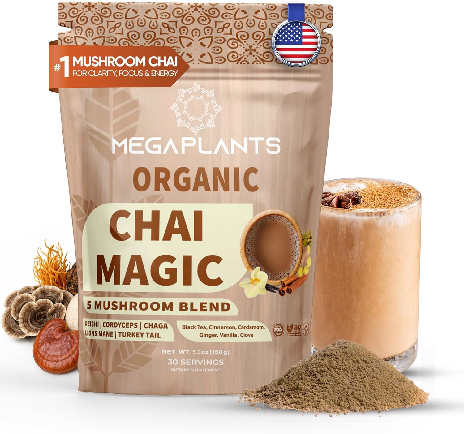 Adaptogenic Mushroom Chai Tea (30 Servings) | No Crash Energy & Focus Blend with