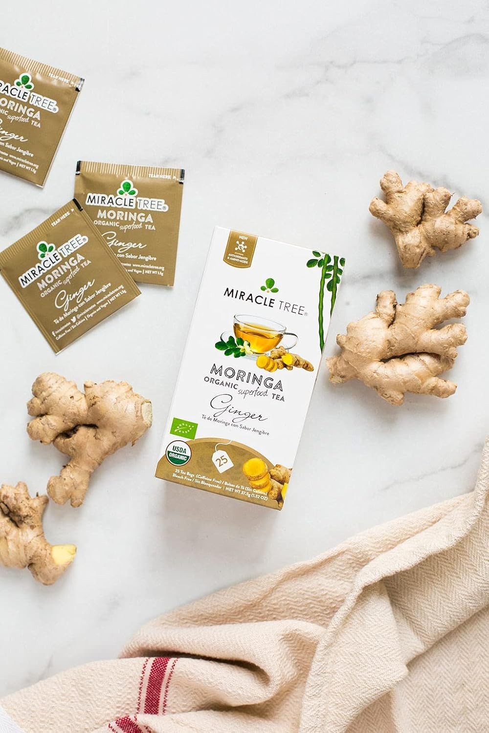 Organic Moringa Tea, 25 Count – Ginger Flavor, Detox & Stress Relief