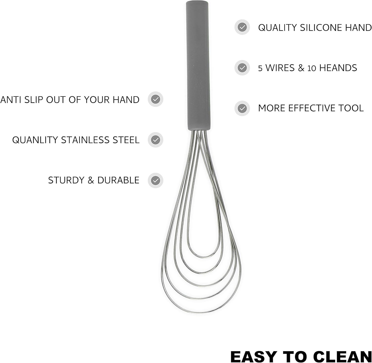 Flat Whisk Silicone Handle Non Slip 10″ – 5 Wires with 10 Heads Gray