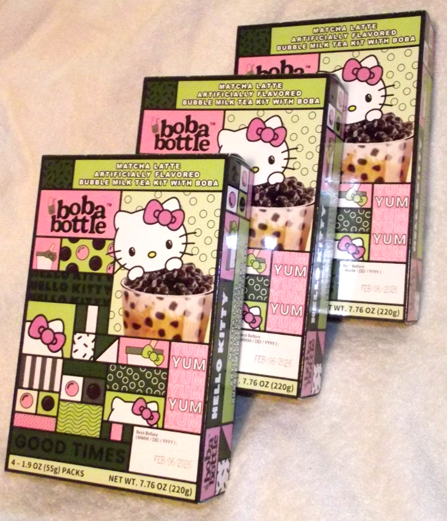 NEW Hello Kitty Boba Bottle Matcha Latte Milk Tea Kit 12 Servings 3 A-Sha Boxes