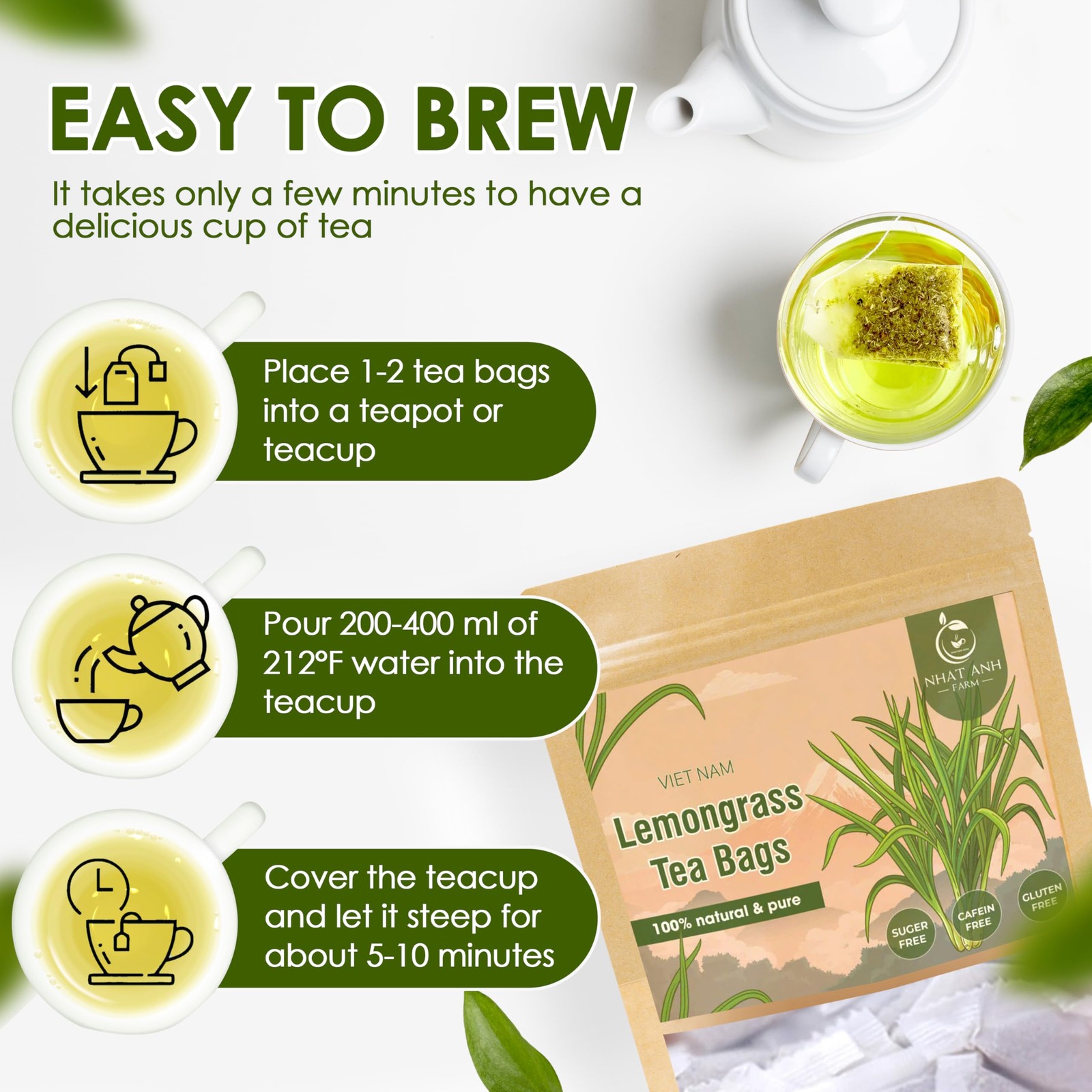 Premium Lemongrass Tea Bags – 40 Count, 100 Natural, Sugar-Free, Caffeine-Free