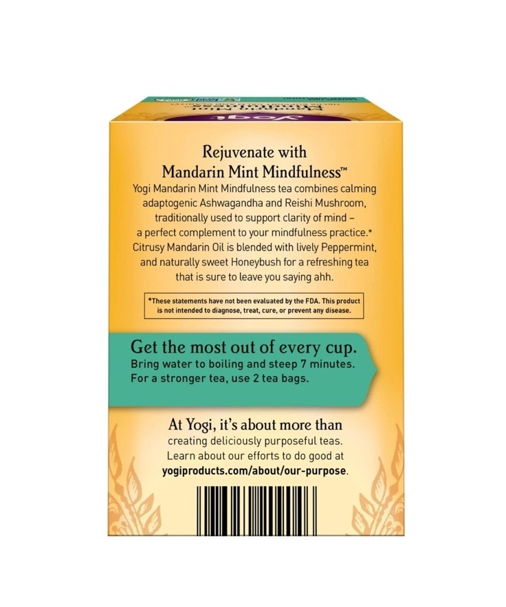 Yogi Tea Mandarin Mint Mindfulness Herbal Supplement Calm Clarity Organic Orange