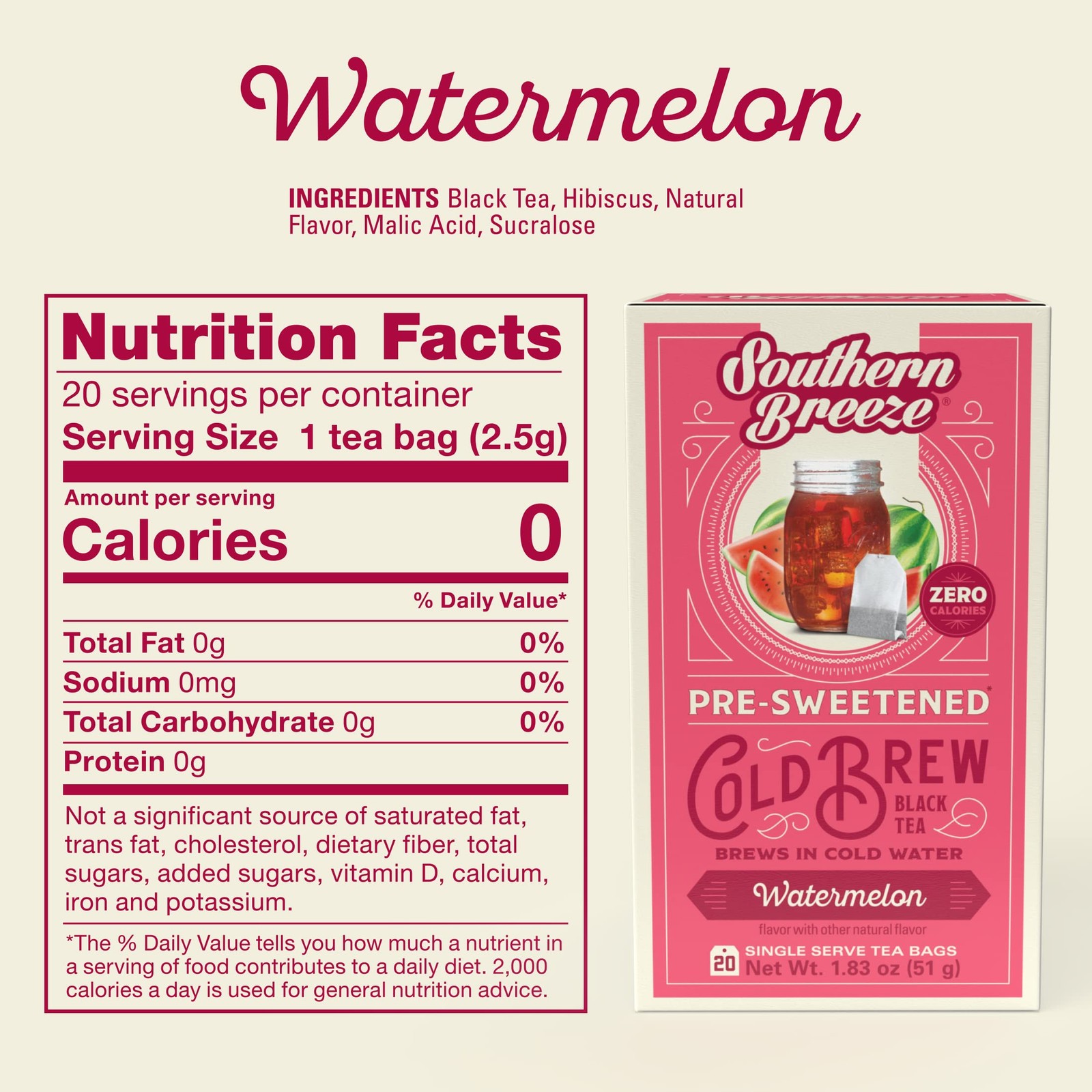 Southern Breeze Watermelon Cold Brew Sweet Tea Pack of 4 Zero Sugar 20 Bags