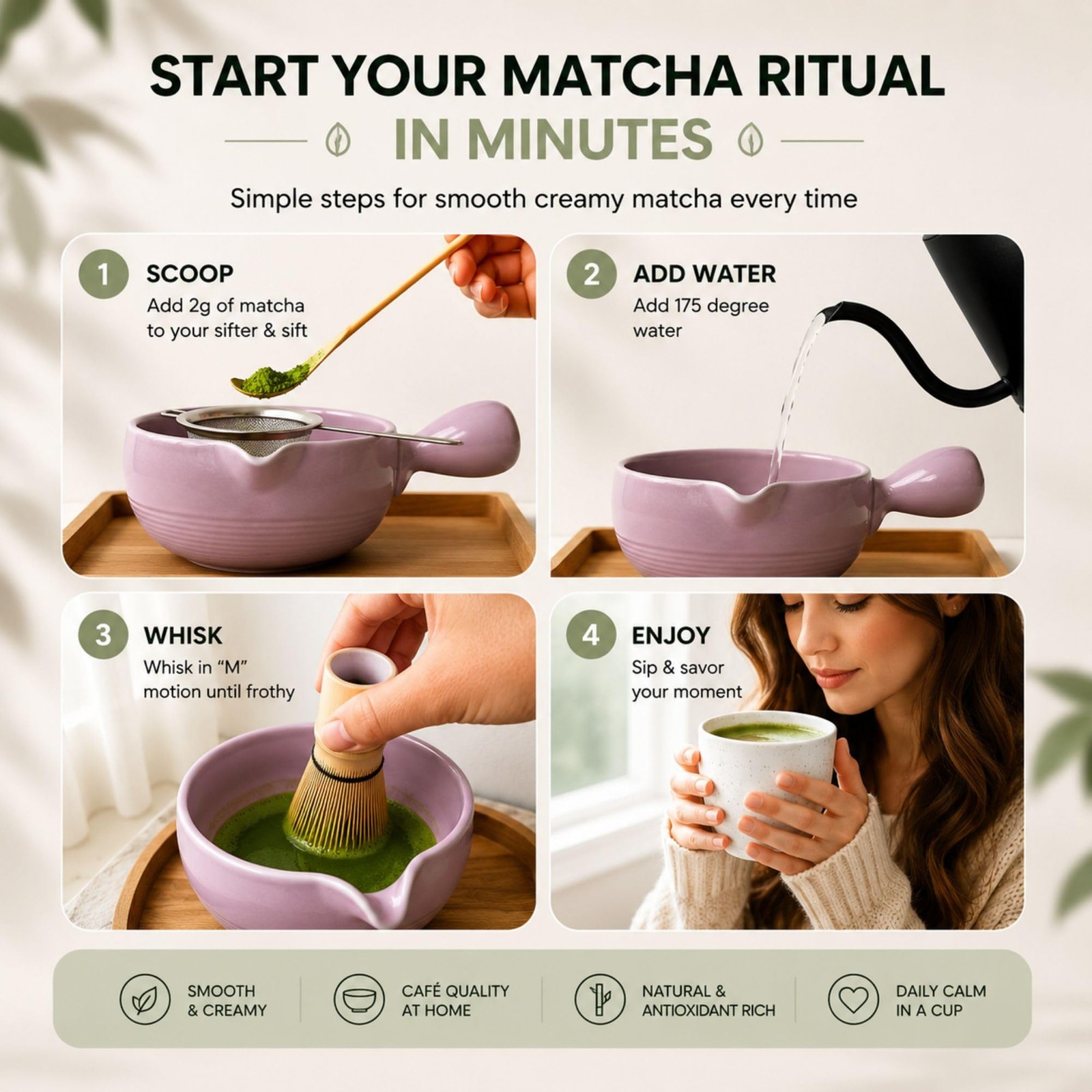 Matcha Bowl Set 12-14 oz with Handle & Spout – Complete Kit for Beginners