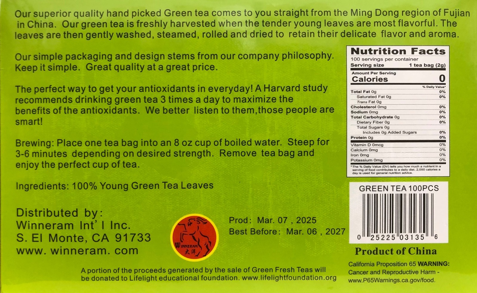 Green Fresh 100-Count Green Tea Bags 100% Natural Handpicked from Fujiang 7oz