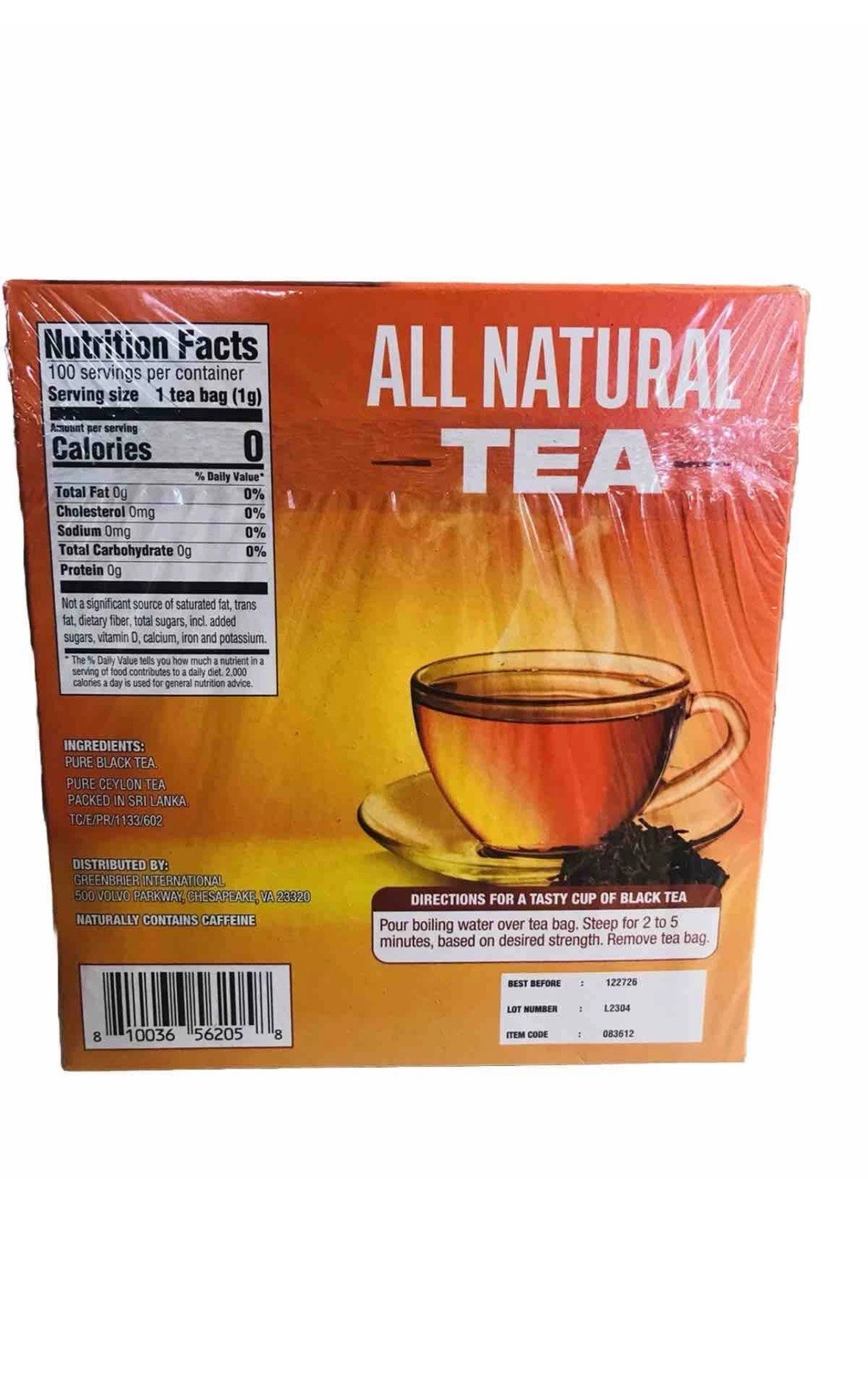All Natural Tea, Pure Black Tea Sri Lanka, 100 Tea Bags