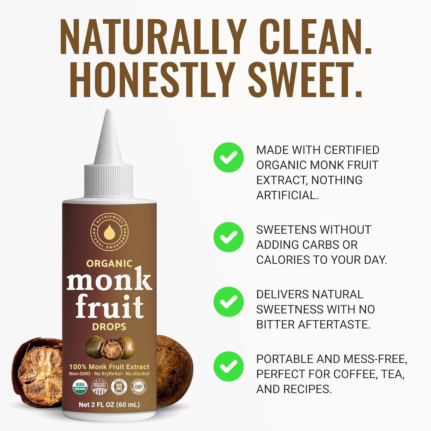 Organic Monk Fruit Liquid Drops Zero Sugar Pure Extract 2 fl oz 2-Pack