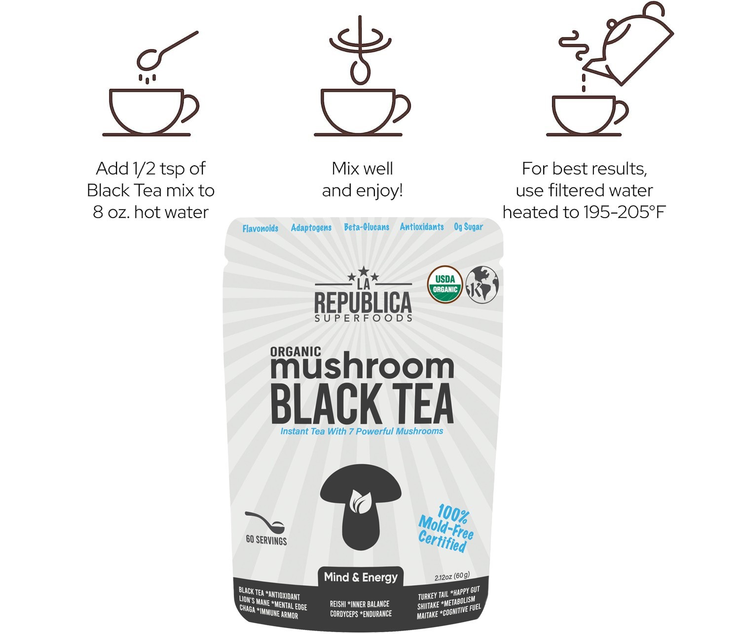 La Republica USDA Organic Mushroom BLACK TEA (Full-Fruiting Bodies) 70 Servings
