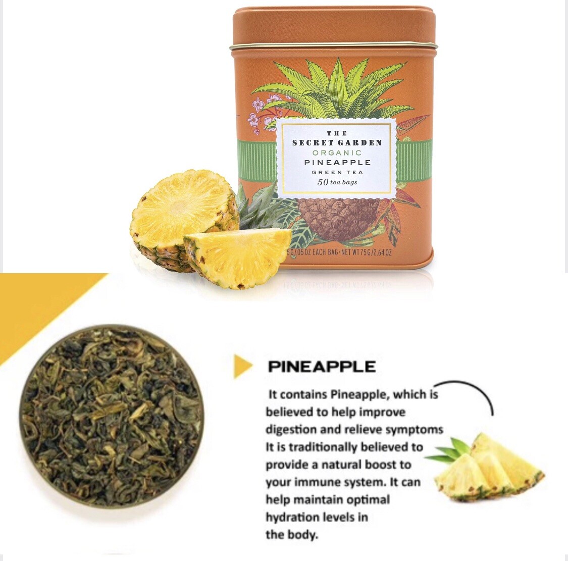 Pineapple Green Tea, The Secret Garden Organic 50 Bags Net Weight 100g NOT 75g