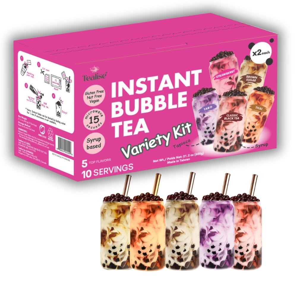 Instant Bubble Tea Kit (10 Servings) 5 Flavors Variety Pack, Ready in 30 Seco…