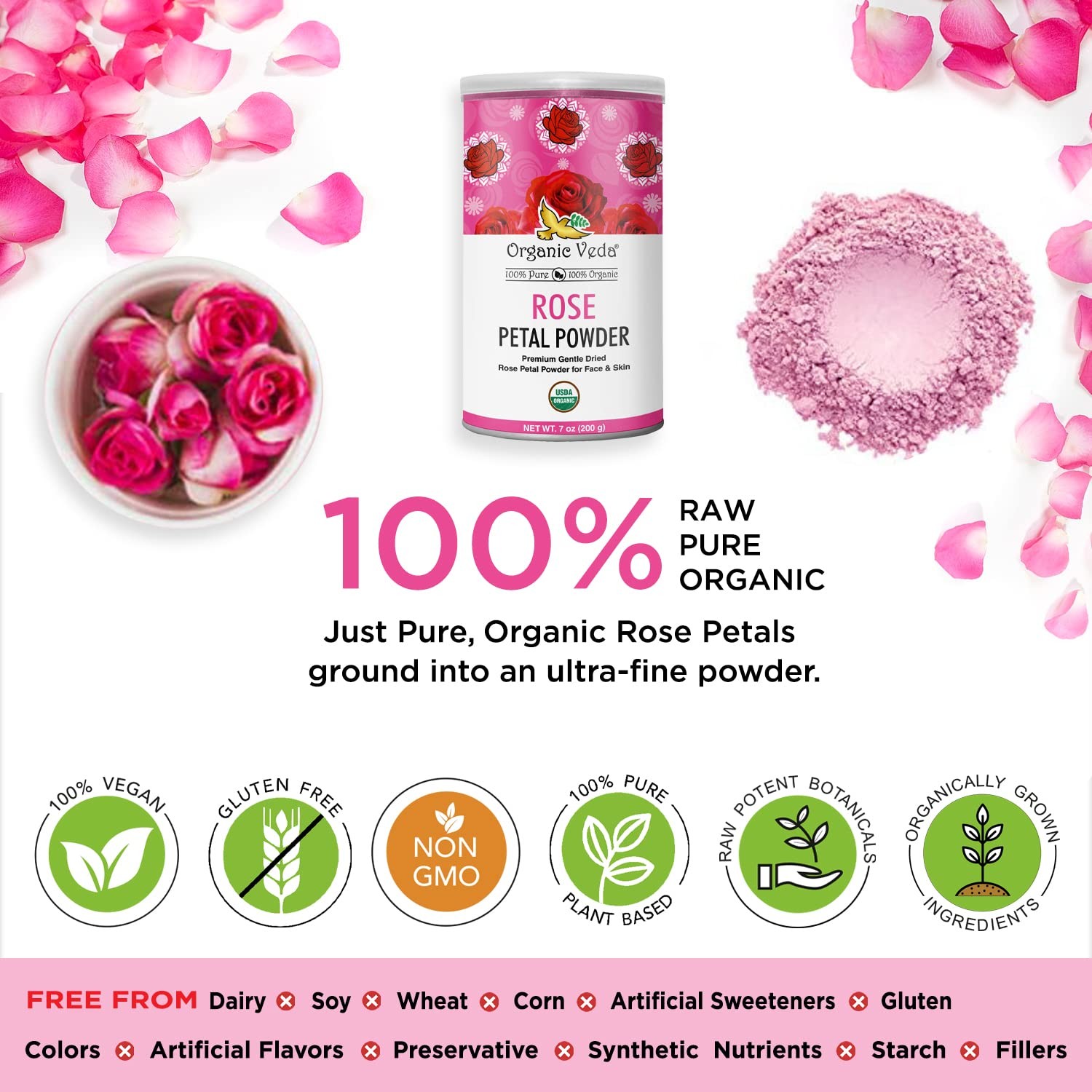 Organic Rose Petal Powder 7oz – Edible for Cooking Tea Smoothies Vegan
