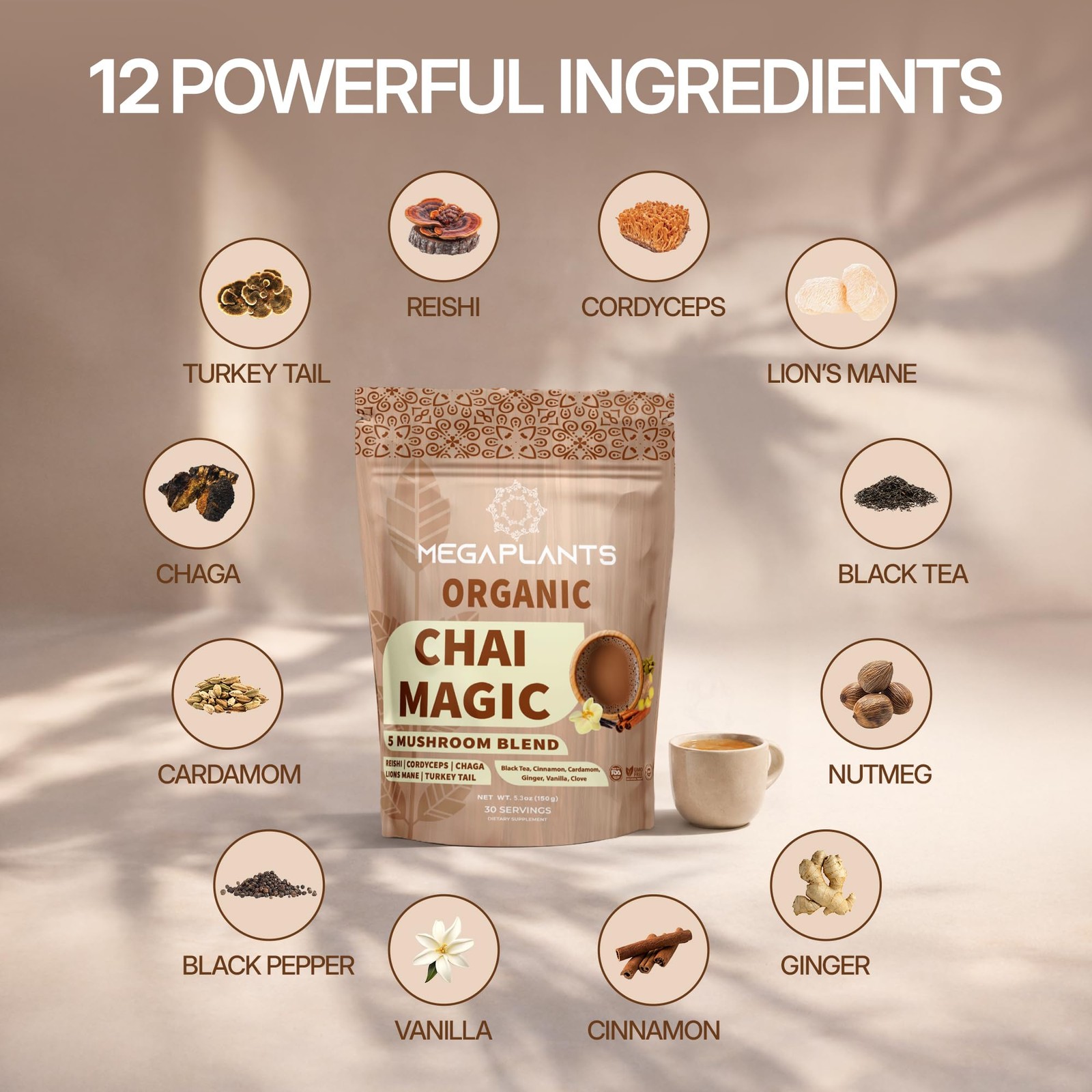 MEGAPLANTS Chai Magic 30 Servings | Superfood 5 Mushroom Powder Blend for Foc…