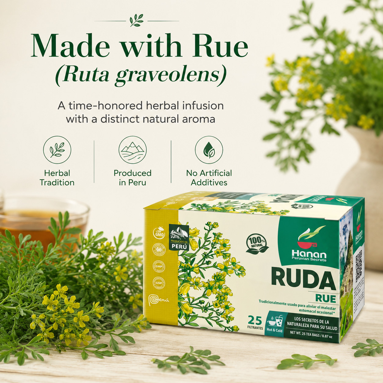 Te de Ruda 100% Natural Rue 25 Tea Bags for Relaxation & Well-Being from Peru