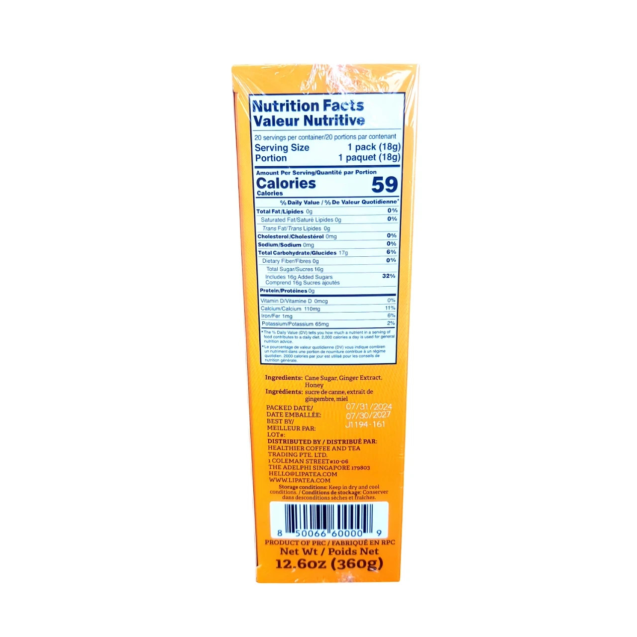 Instant Honey Ginger Drink Original By Lipatea 20x Sachets (18g x 20) Net Wt