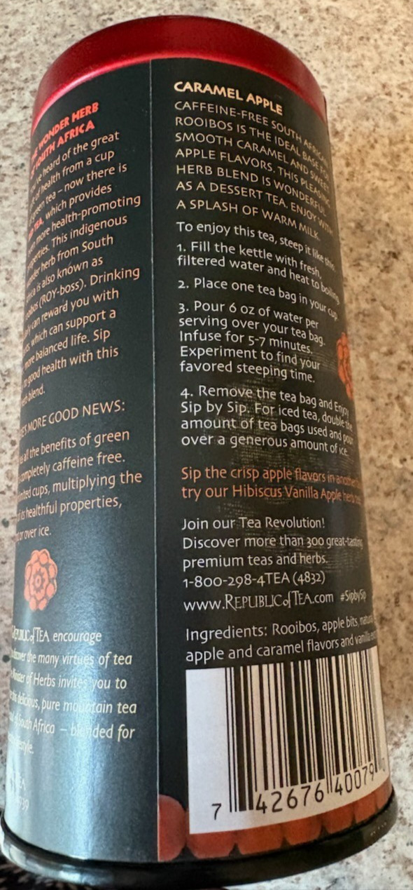 The REPUBLIC OF TEA Red Tea CARAMEL APPLE Caffeine Free 36 tea bags Exp 11/2027