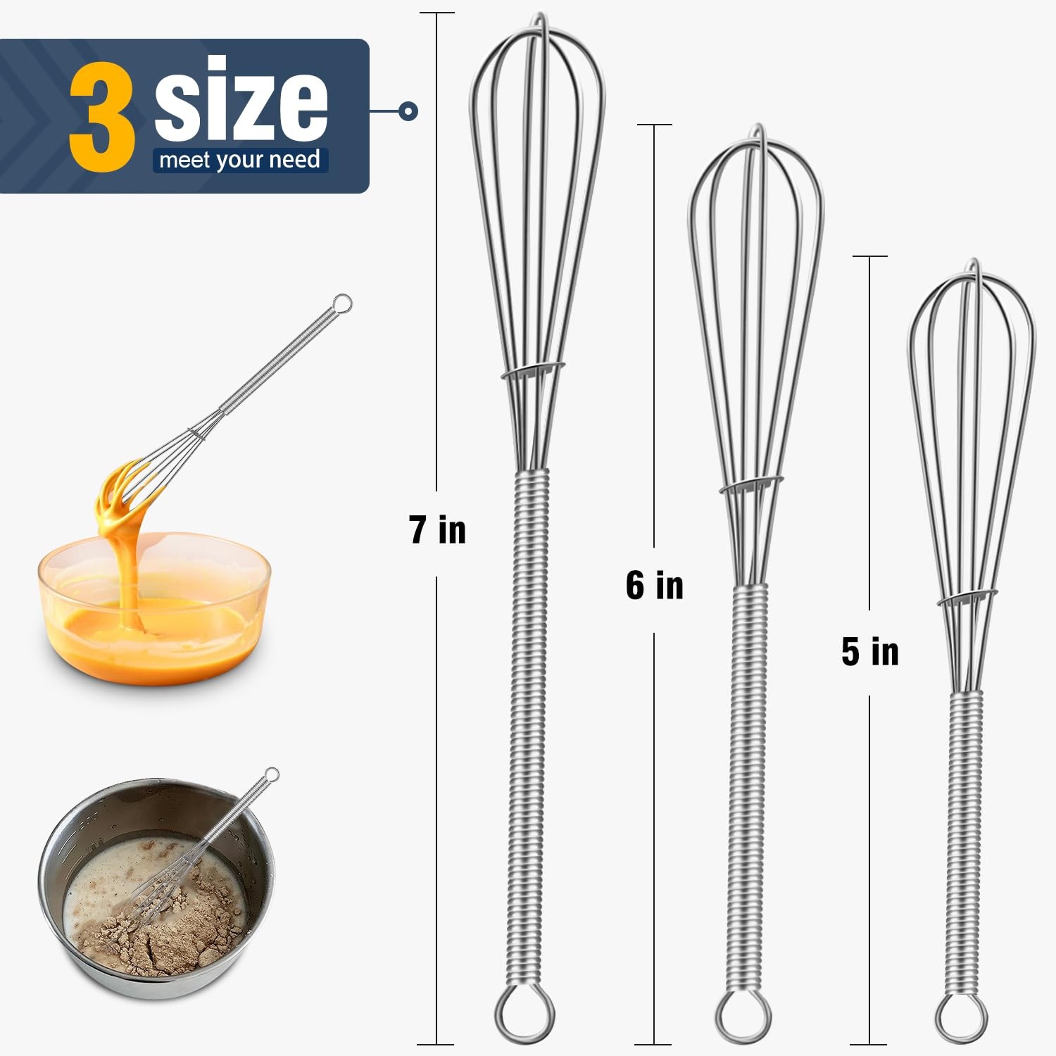 Eddeas Small Whisk Stainless Steel, Mini wire whisk 3 5+6+7 inch, Silver 3Pcs