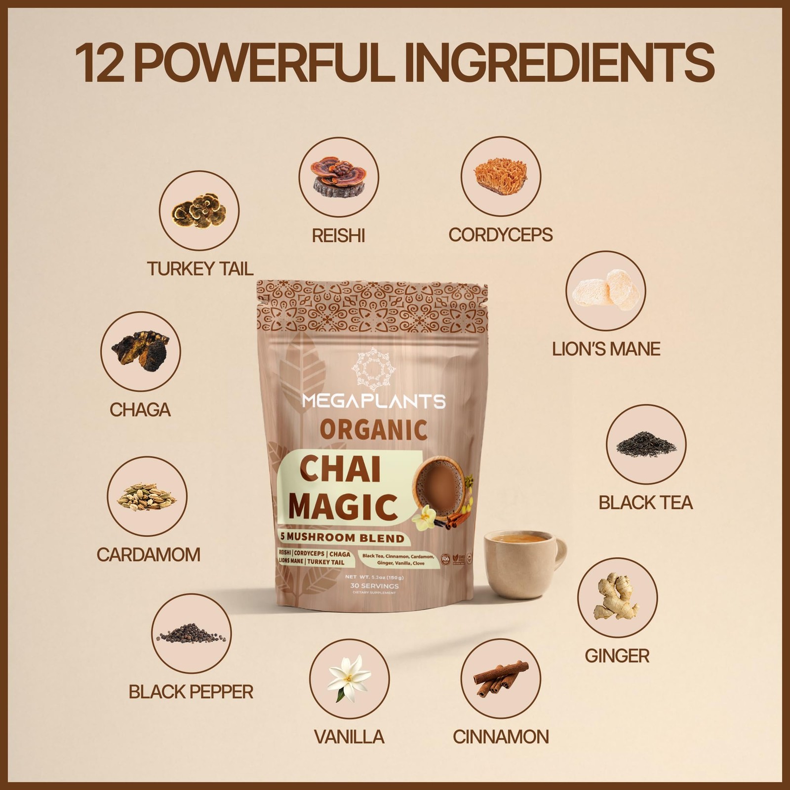 MEGAPLANTS Adaptogenic Mushroom Chai Tea (30 Servings) | No Crash Energy & Fo…