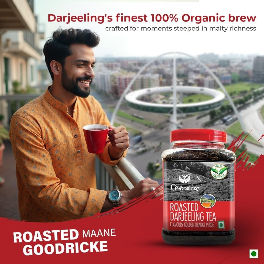 GOODRICKE Roasted Organic Darjeeling Tea Jar 250gm Flavoury Golden Orange Pekoe