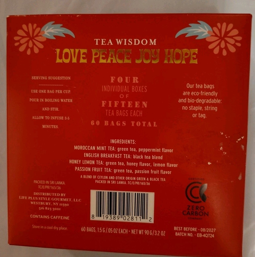 Tea Wisdom 60 Tea Bags Love Peace Joy Hope