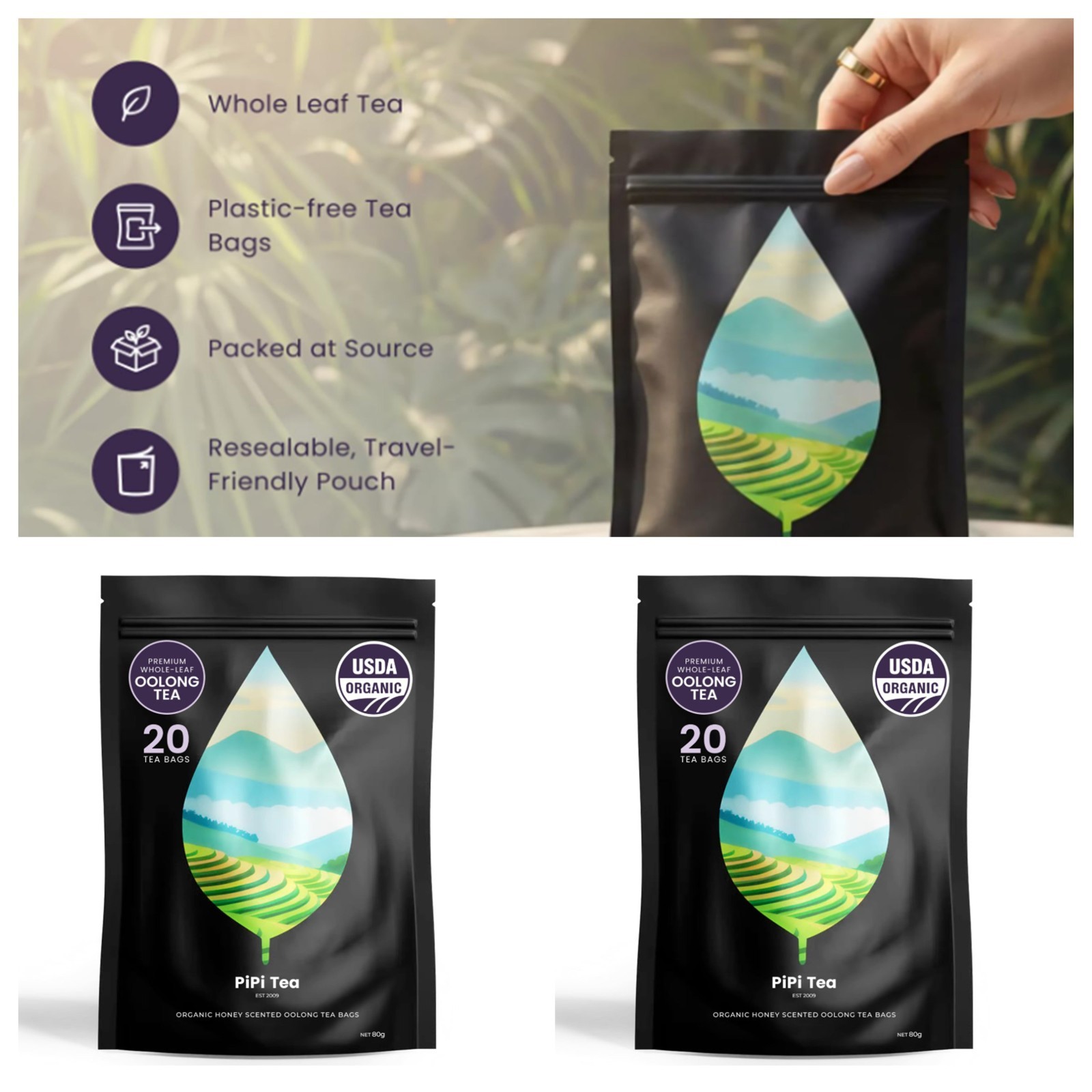 PiPi Tea Organic Oolong Tea Bags Whole Leaf 20Bags(4g) Cortisol & Calming Tea