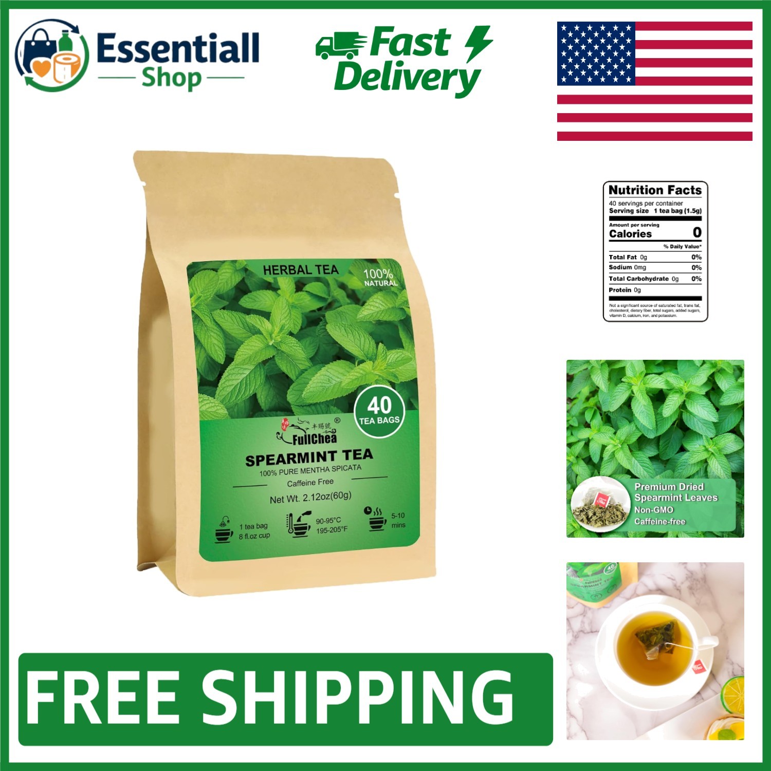 Refreshing Spearmint Tea Bags – 40 Count for Digestive Support & Relaxation