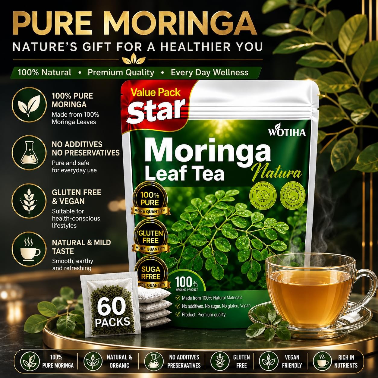 Moringa Tea Herbal Bags, 60 Count,100% Pure & Natural Moringa Leaves, Cultiva…