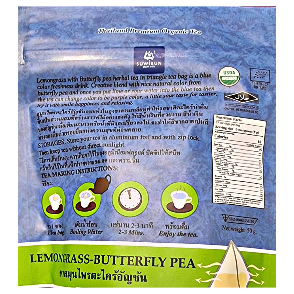 Tea Butterfly Pea Lemongrass Herbal Organic Premium Natural Triangle Tea Bag x3