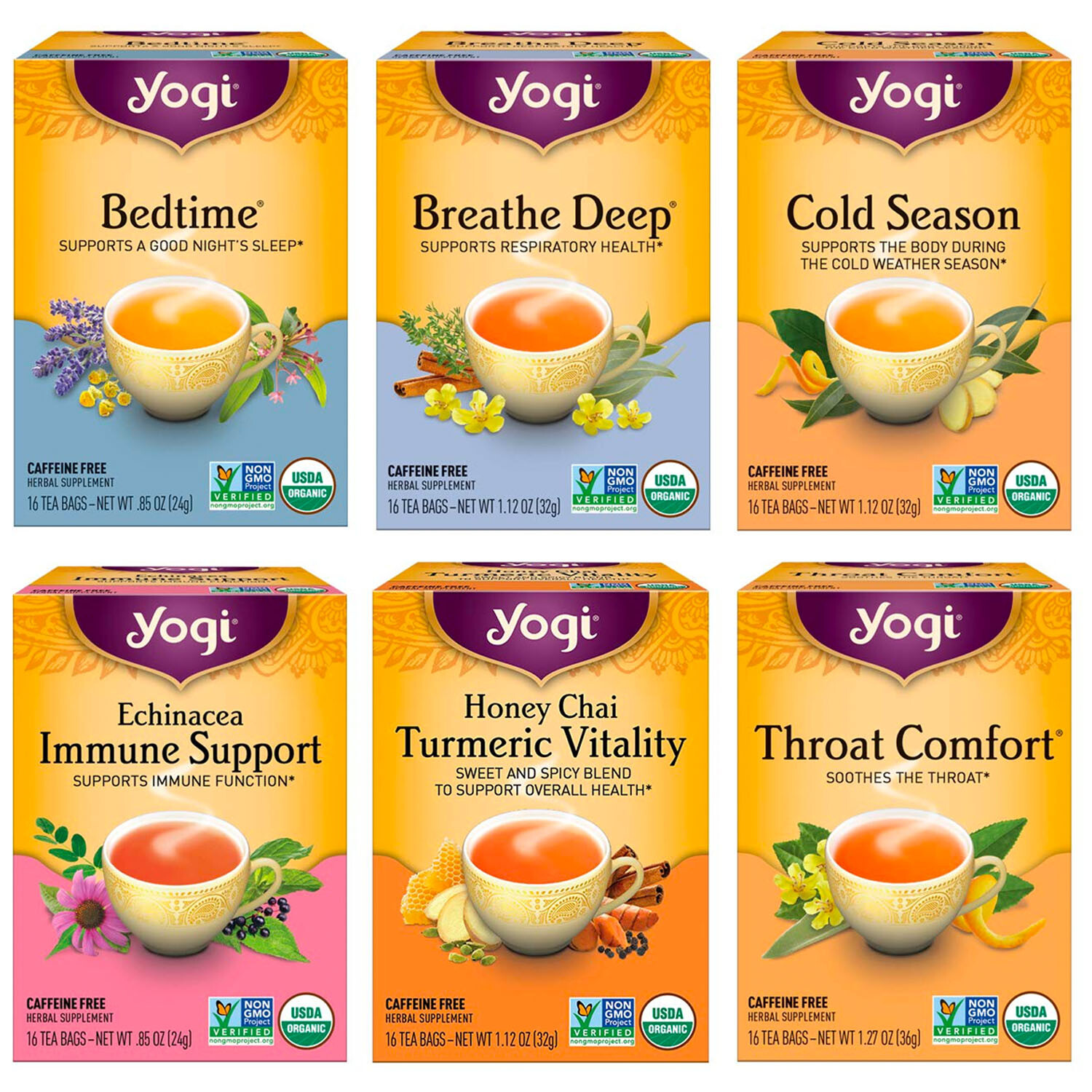 Yogi Tea Get Well Variety Pack Sampler, 6 Pack Caffeine Free 96 Organic Tea Bags
