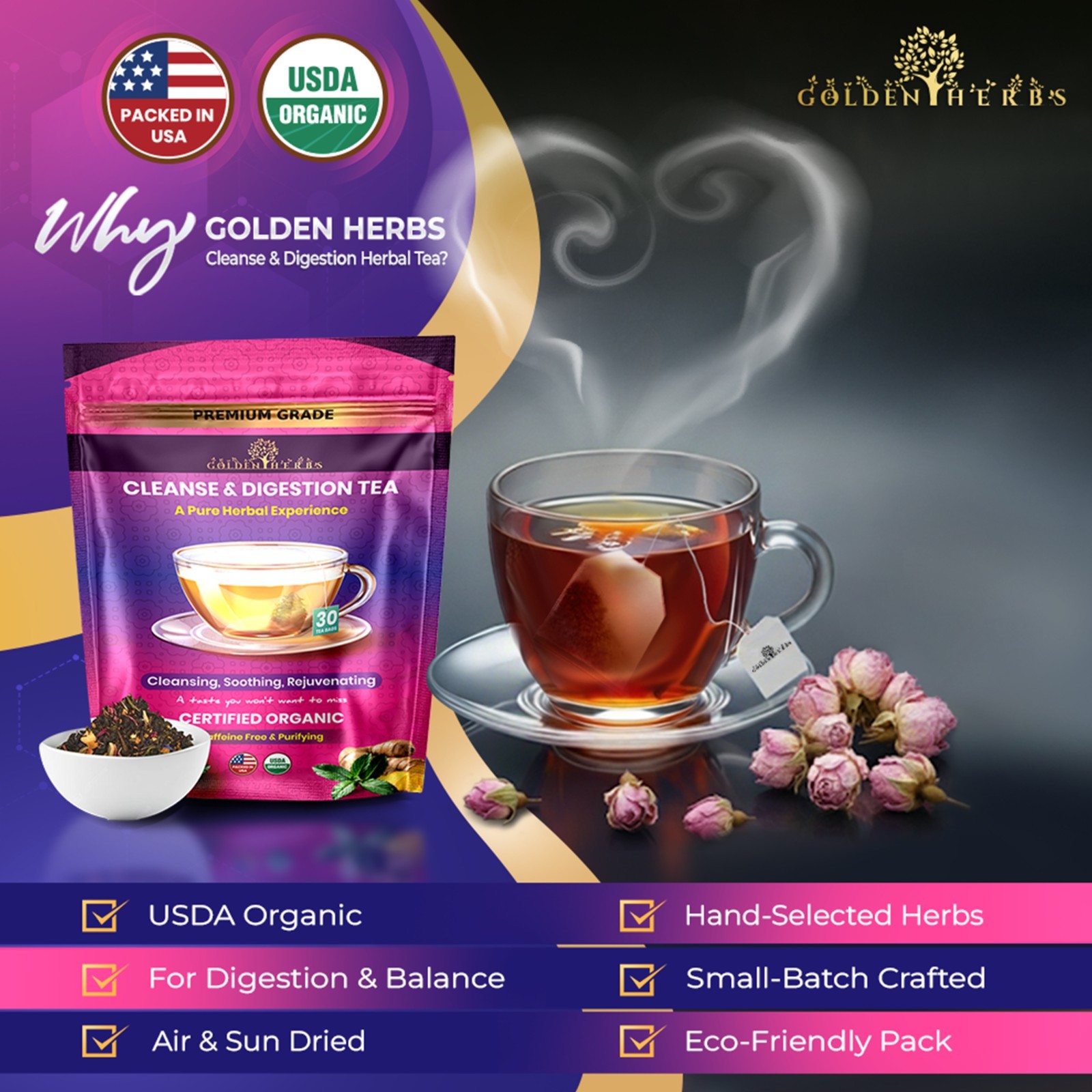 Golden Herbs Cleanse & Digestion Herbal Tea – Natural Detox & Gut Support