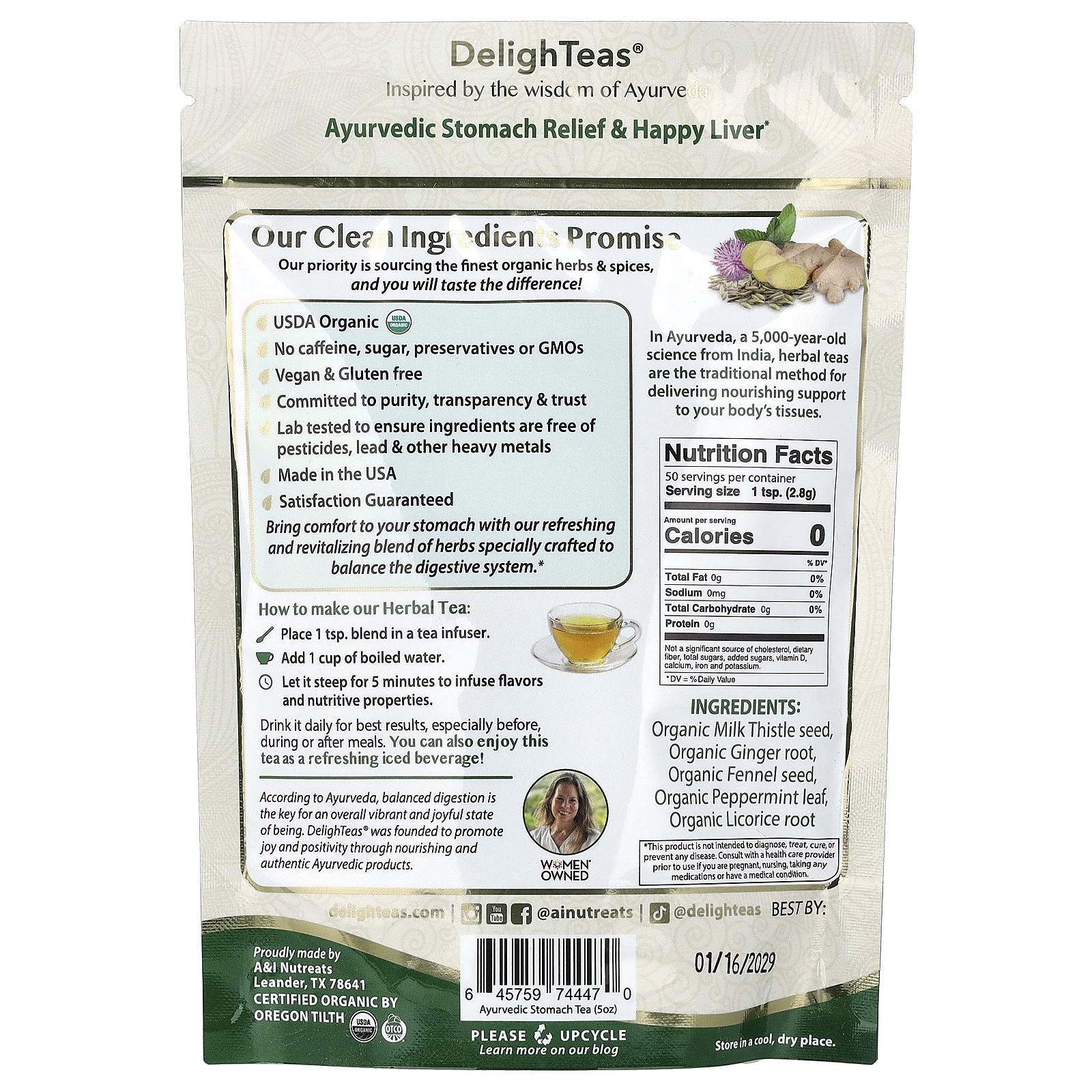 Ayurvedic Stomach Relief & Happy Liver, Herbal Detox Tea, Loose Blend, Caffeine
