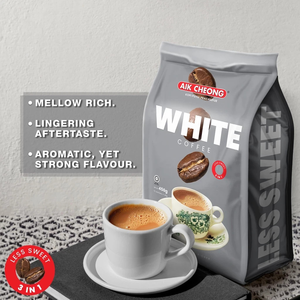 2 PACKS AIK CHEONG 3 IN 1 WHITE COFFEE LESS SWEET (38g x 12s) EXPRESS SHIPPING