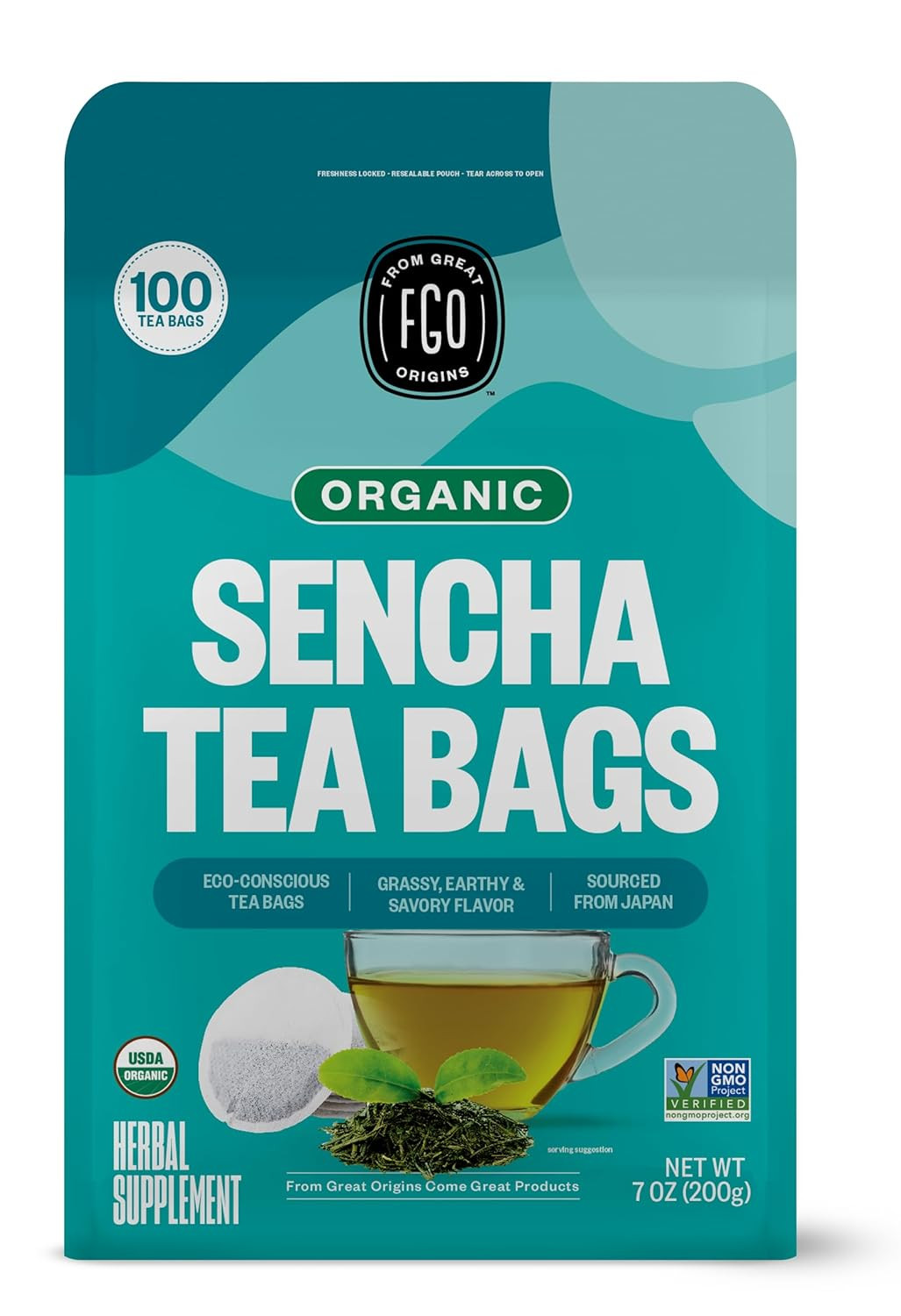 FGO Organic Sencha Green Tea Bags, Japanese Sourced, Eco Tea Bags, 100 ct