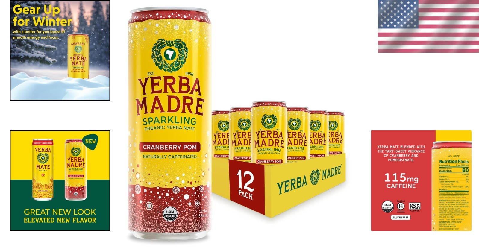 Yerba Madre Organic Sparkling Yerba Mate – Cranberry Pom, 12oz Cans Pack of 12