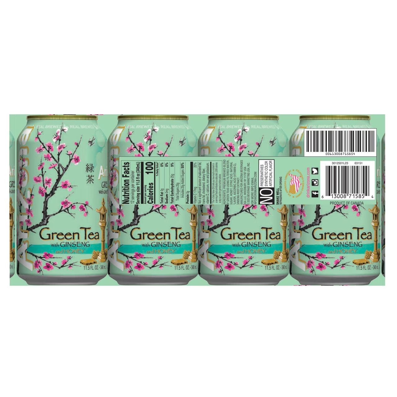 Arizona Green Tea with Ginseng and Honey,11.5 Fl Oz Cans,12 Pack.
