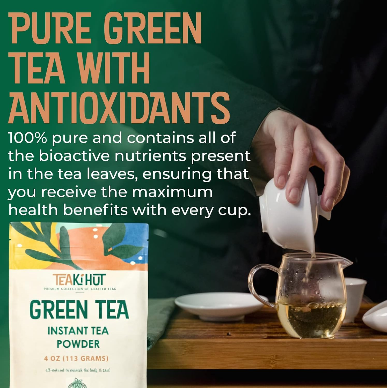Instant Green Tea Powder, Refreshing Unsweetened Drink Mix, Premium Green Tea In