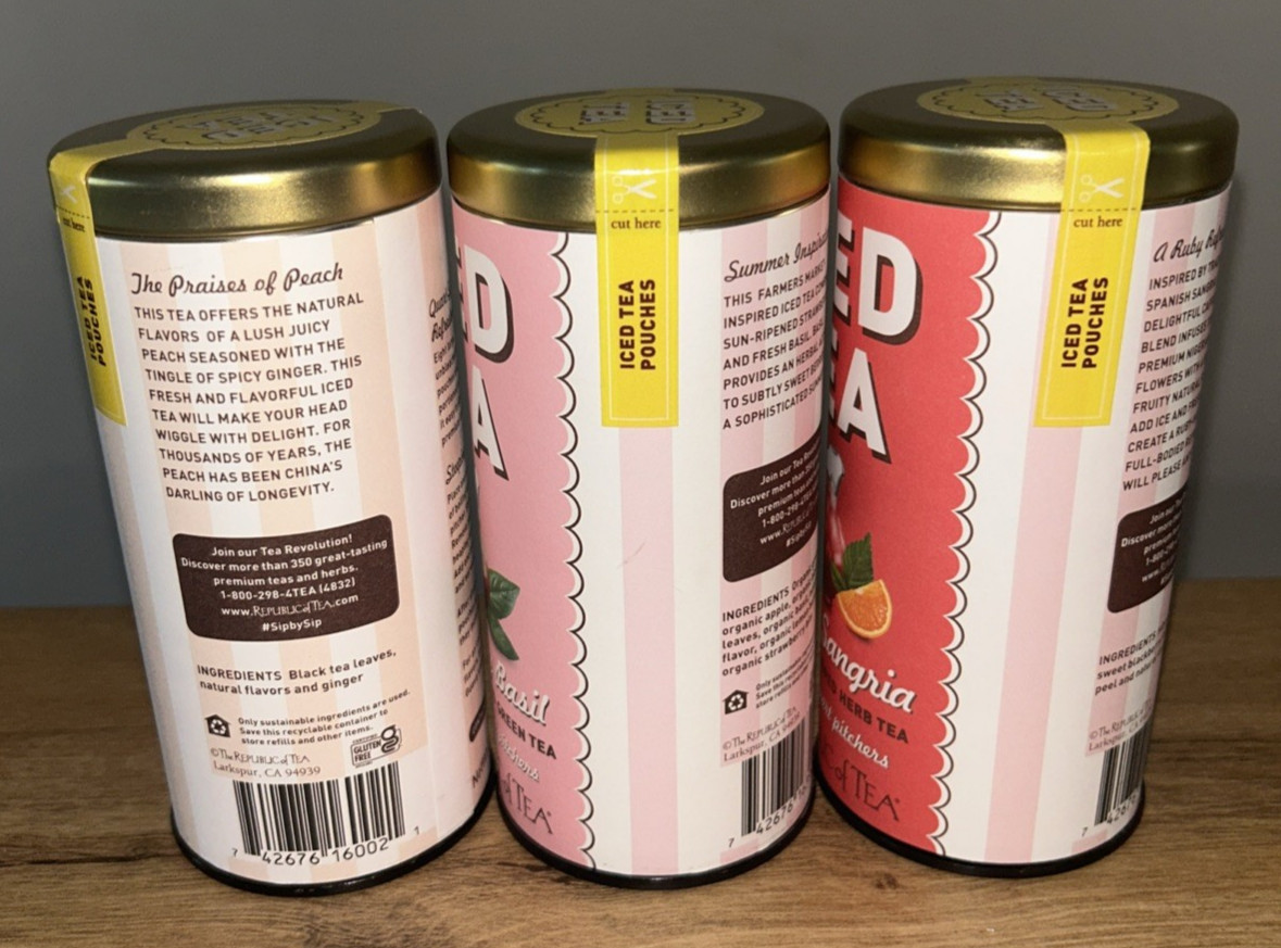 Lot 3 The Republic of Tea Cold Brew Hibiscus Ginger Peach , StawIced Tea Pouches