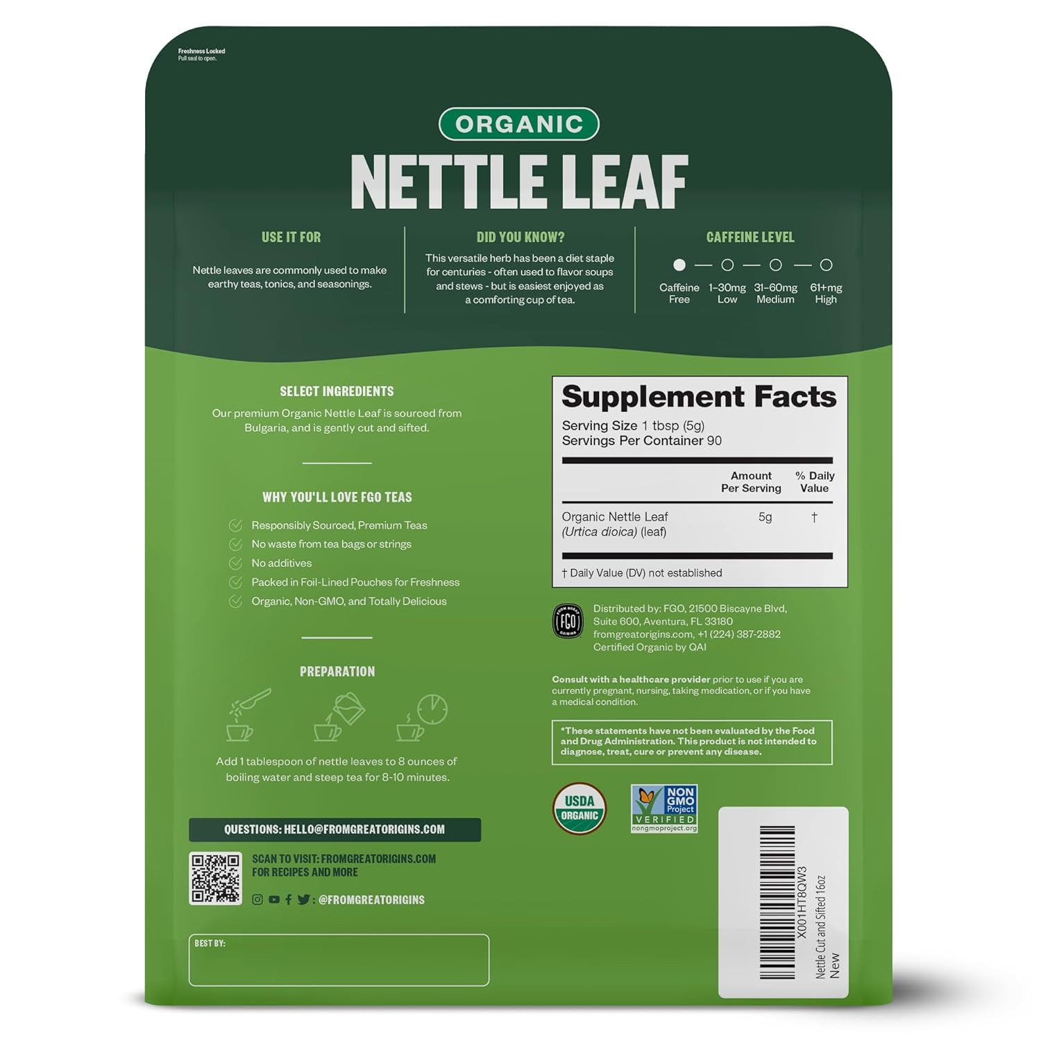 Organic Nettle Leaf Loose Tea, Cut and Sifted, Caffeine Free, 16Oz Bulk Resealab