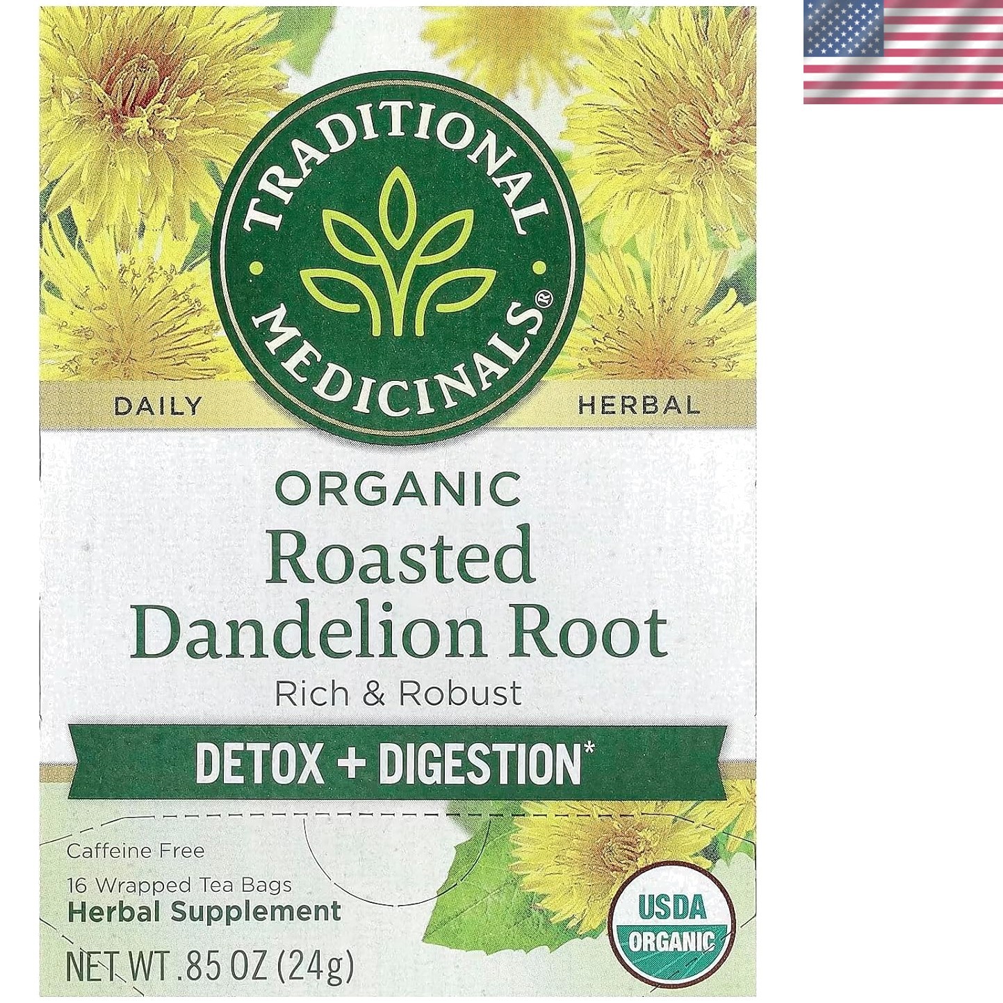 Caffeine-Free Dandelion Root Tea – 16 Organic Tea Bags for Wellness & Detox