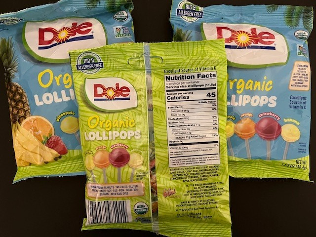 Dole Organic Lollipops 4 Assorted Flavors Kid Snack -BIG 9 ALLERGEN FREE- 3 BAGS