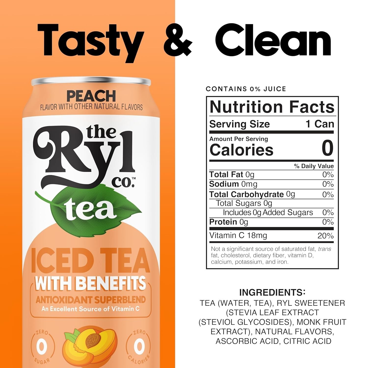 Ryl Iced Tea, Peach, Antioxidant Superblend, Zero Sugar, Low Carb, Zero Calor…