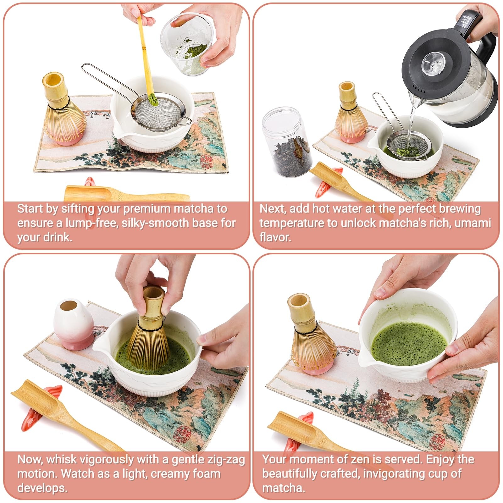 8 Pack Matcha Whisk Set, Japanese Matcha Tea Set, Ceramic Mixing Bowl with Sp…